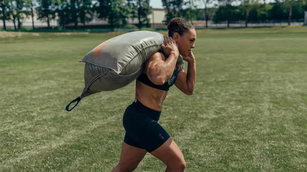 Close up shot showing the core muscles being engaged, and the stability being maintained during a sandbag carry