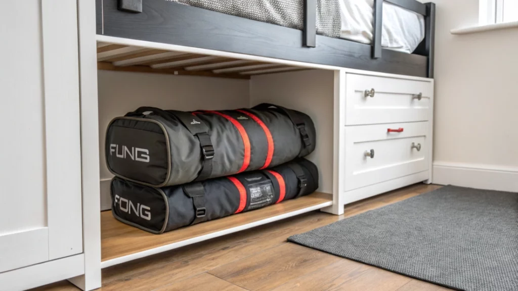 Sandbag being neatly stored in a corner, to highlight the space saving features of this type of training