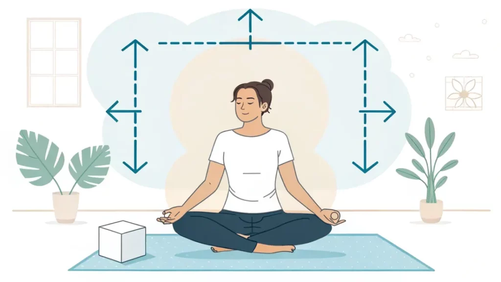 Person practicing box breathing with arrows indicating the inhale, hold, exhale pattern