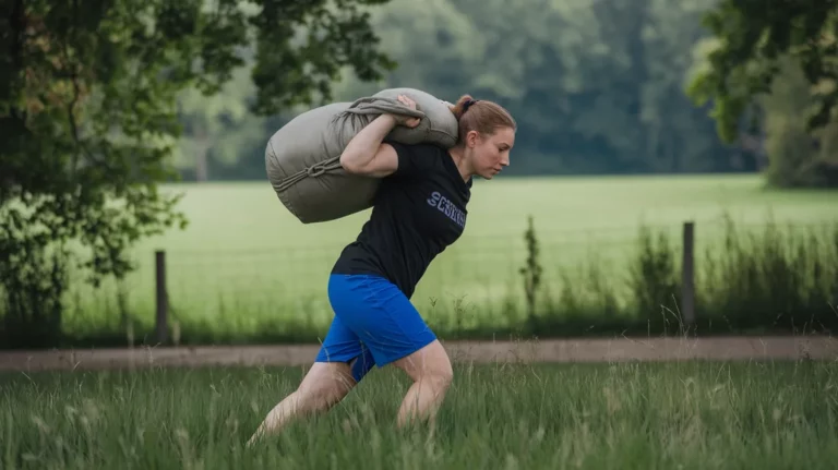 Person performing a sandbag carry, showcasing a full body workout that builds functional strength, core stability and endurance