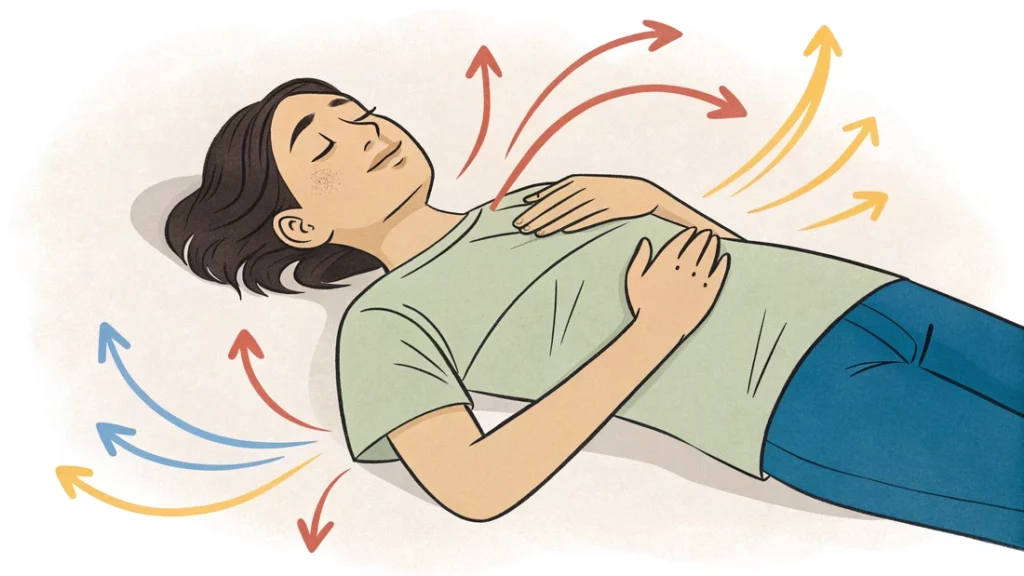 Person practicing diaphragmatic breathing with one hand on their chest and the other on their belly to show proper form