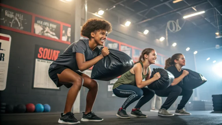 Teenagers working out with sandbags, to build strength, speed and confidence