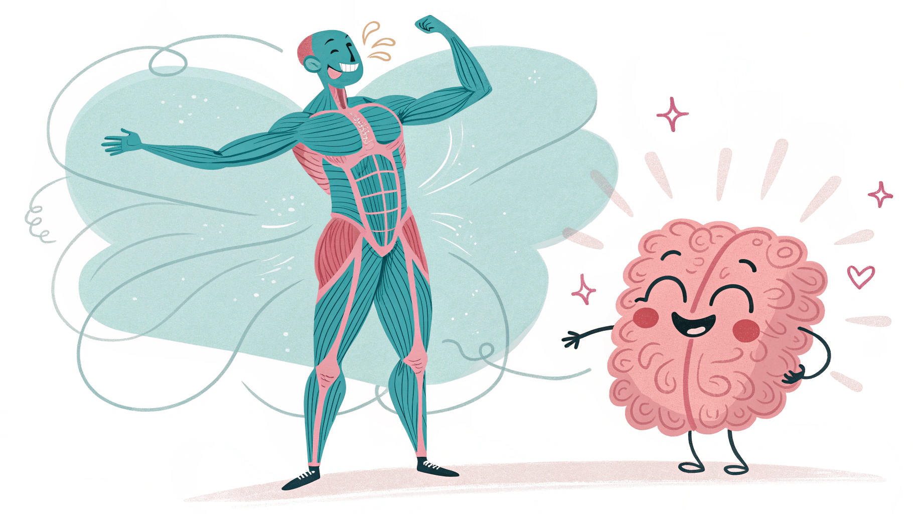 A whimsical illustration of the hip flexor muscles and a cartoon intestine.