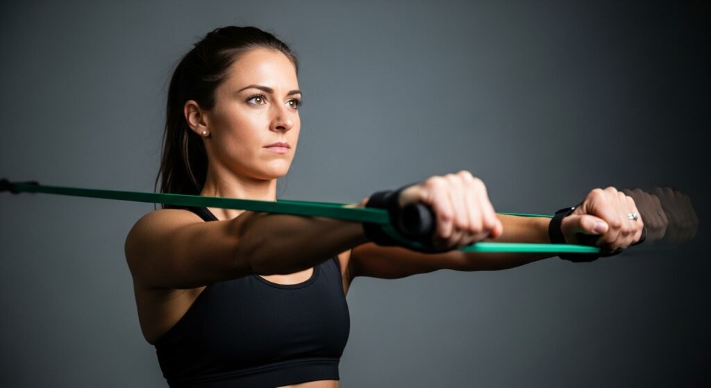 A woman demonstrates control as she slowly releases the tension on a resistance band during a chest press exercise