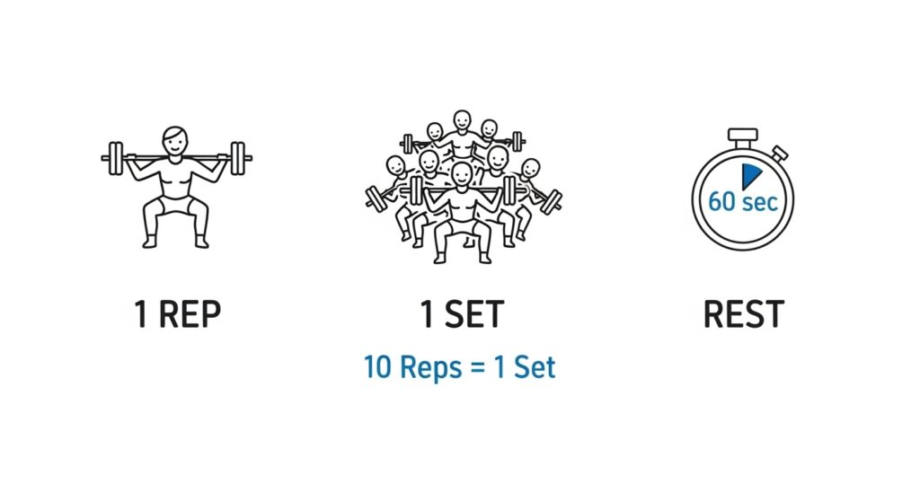 An infographic defining reps, sets, and rest for a beginner's workout