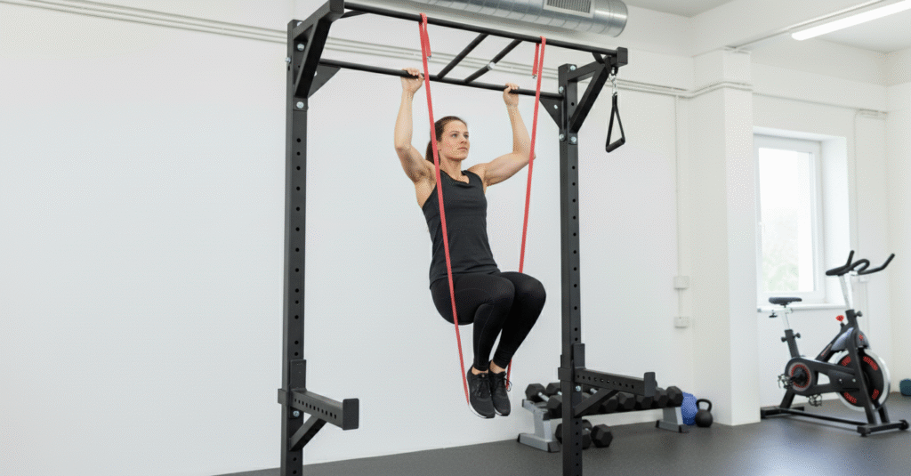 A beginner uses a heavy loop band under their knee to get assistance while performing a pull-up