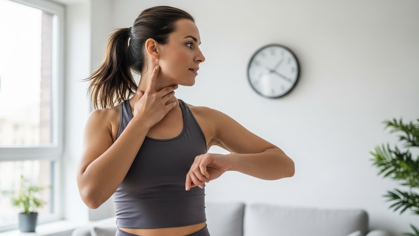 Beginner checking heart rate pulse during a HIIT workout at home
