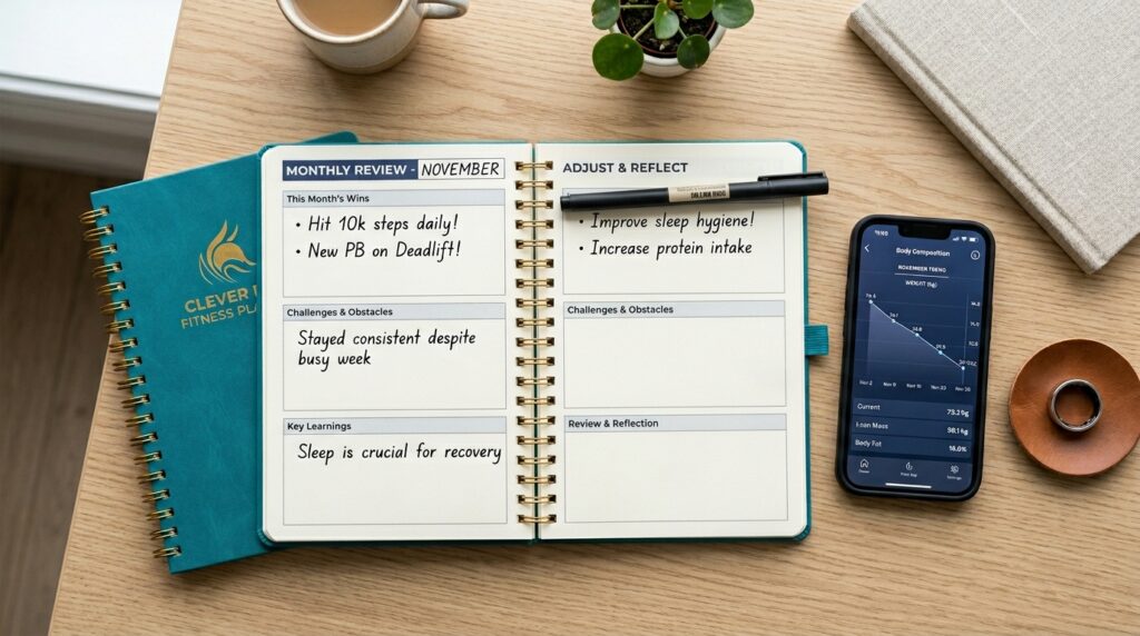A fitness planner and a smart ring on a desk, used for strategic goal adjustment and monthly reviews