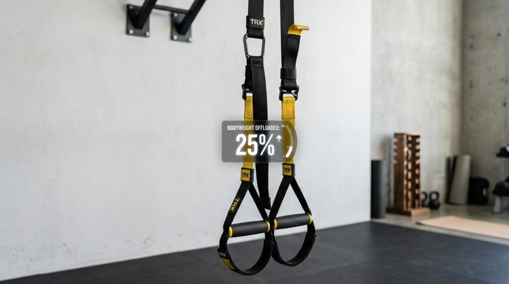 TRX Suspension Trainer with a digital overlay showing how it offloads body weight to protect senior joints