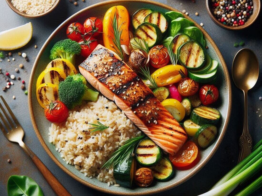 A beautifully plated, healthy meal with vibrant ingredients grilled salmon, roasted vegetables, brown rice