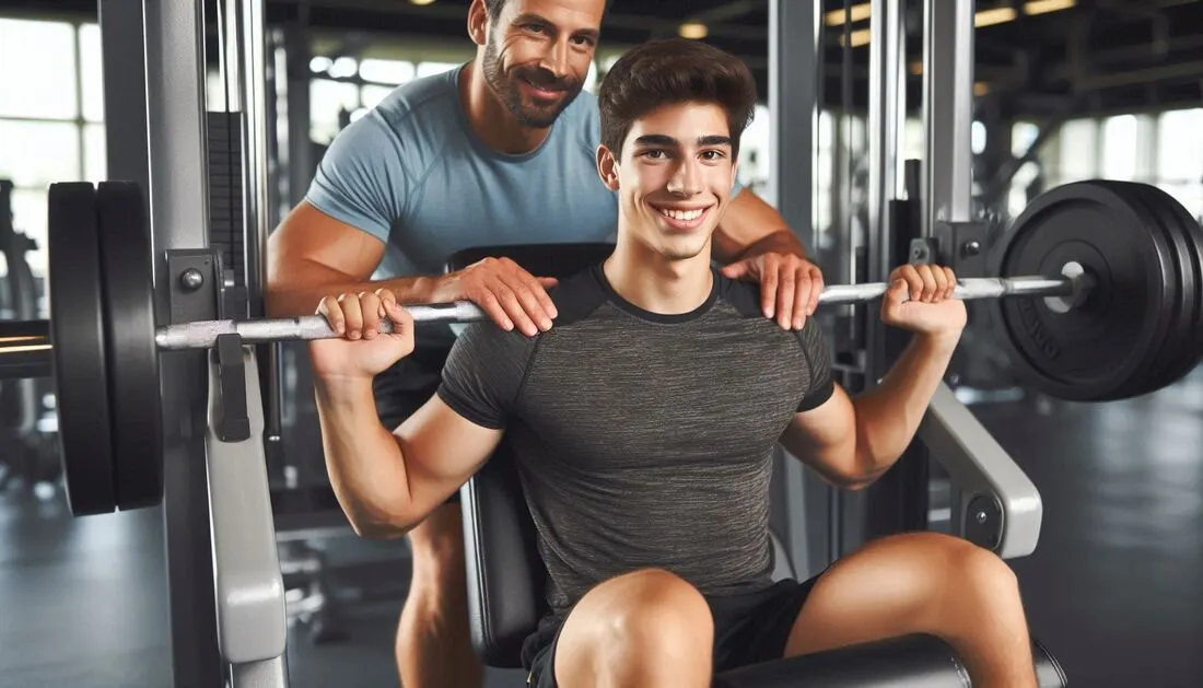 A beginner lifter confidently using a leg press machine under the supervision of a friendly personal trainer