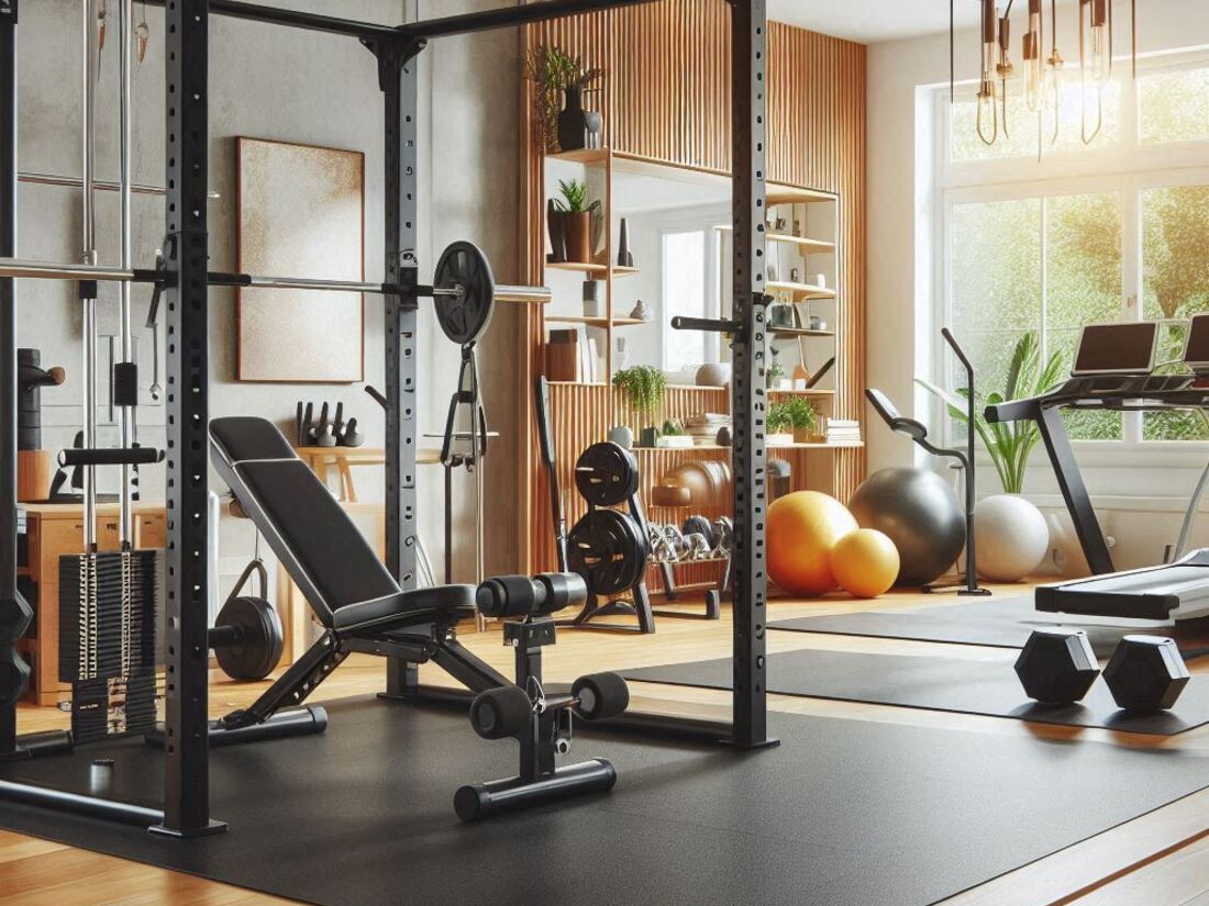 A bright and modern home gym featuring various adjustable fitness equipment