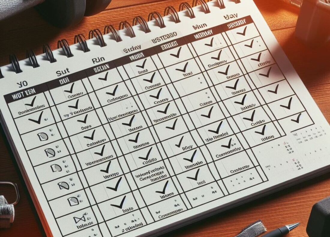 A calendar with weeks clearly marked and checkmarks indicating completed workouts