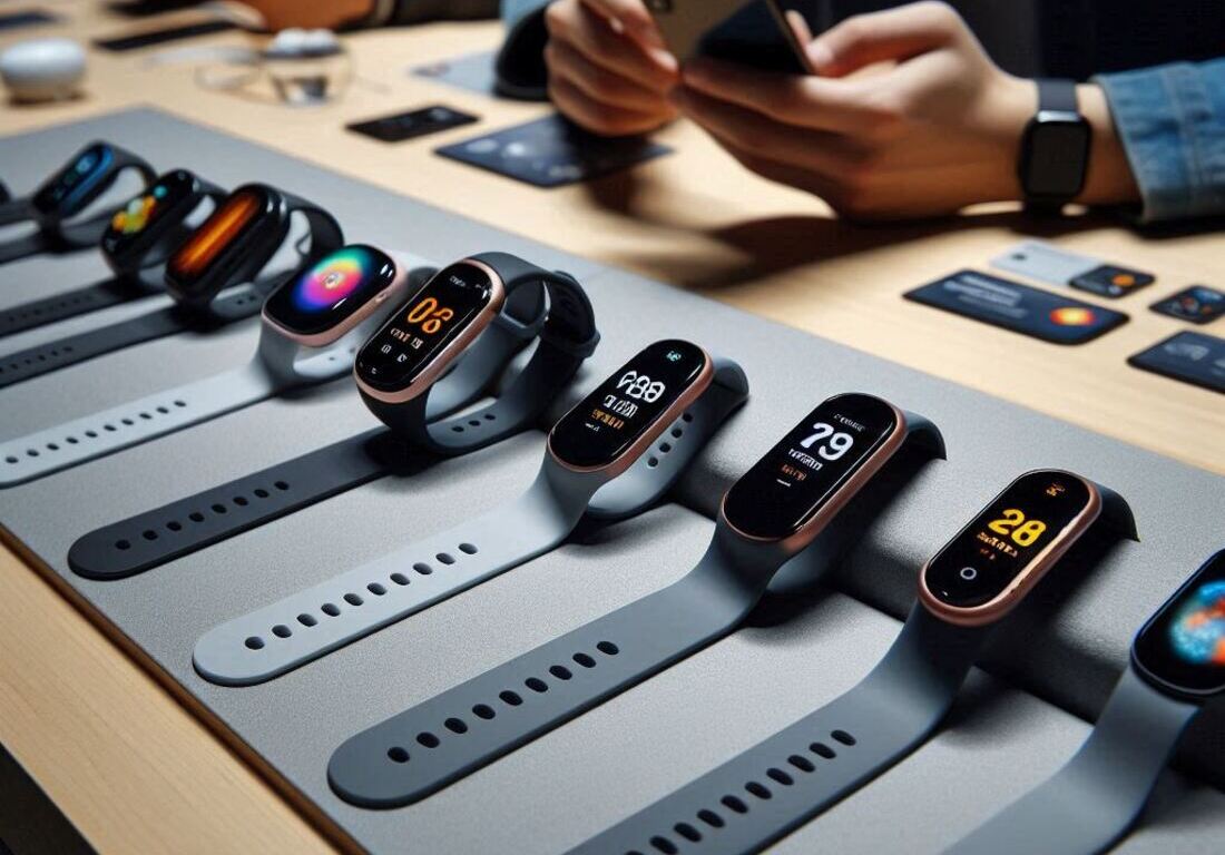 A close-up comparison of different activity trackers displayed on a table