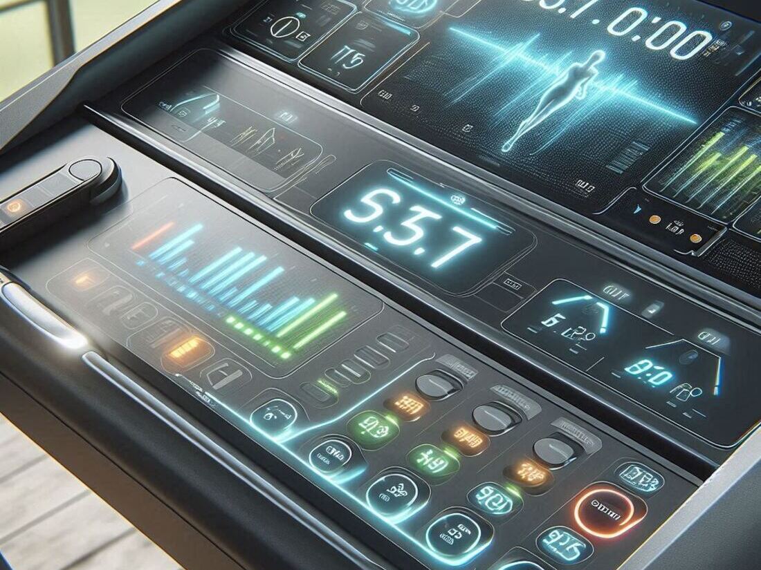 A close-up image of a modern treadmill console with clear display options