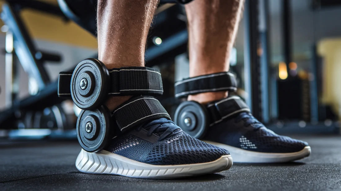 A close-up image of adjustable ankle weights strapped around a person's ankles as they perform leg raises