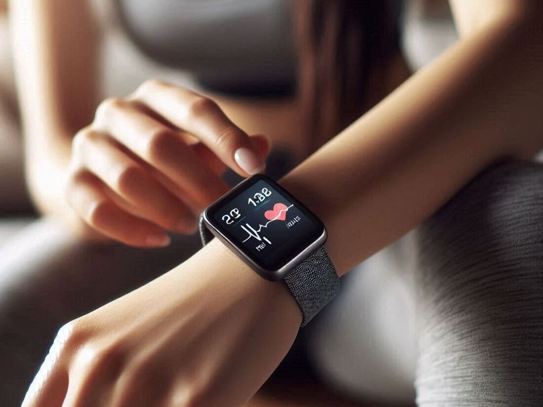 A close-up of a person's wrist with an activity tracker displaying heart rate data