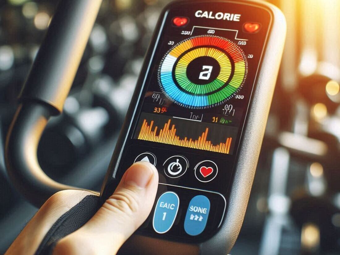 A close-up photo of a calorie counter on an upright exercise bike console