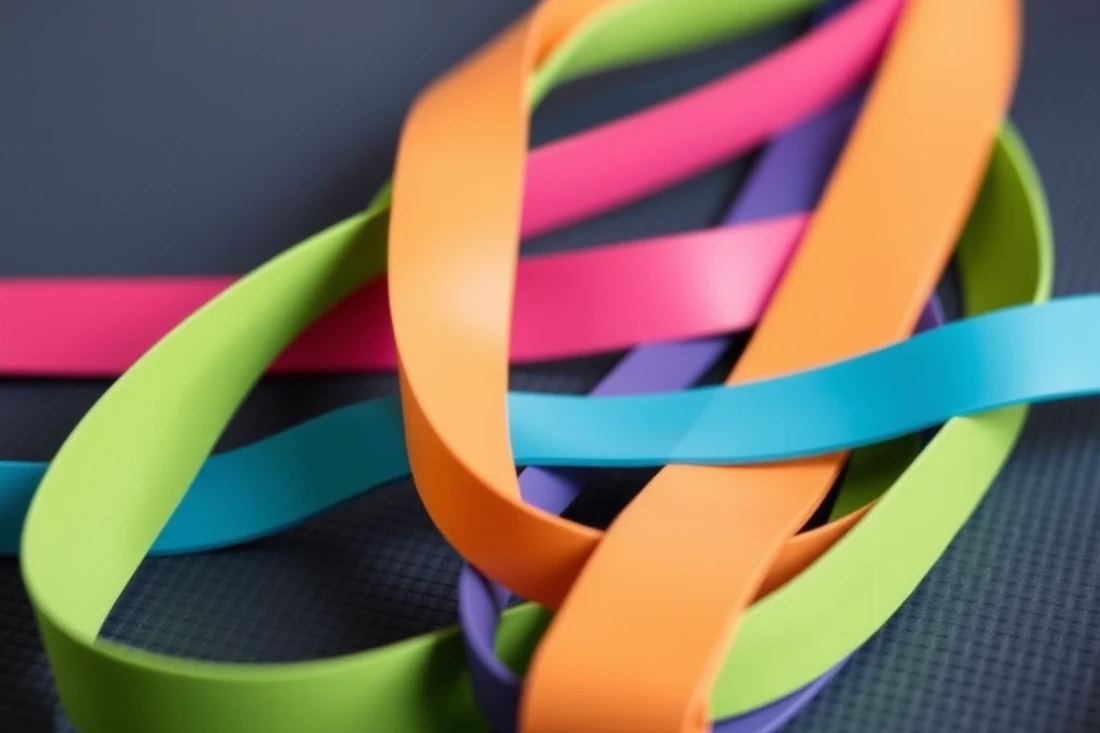 A close-up photo of colorful resistance bands laid out on a yoga mat