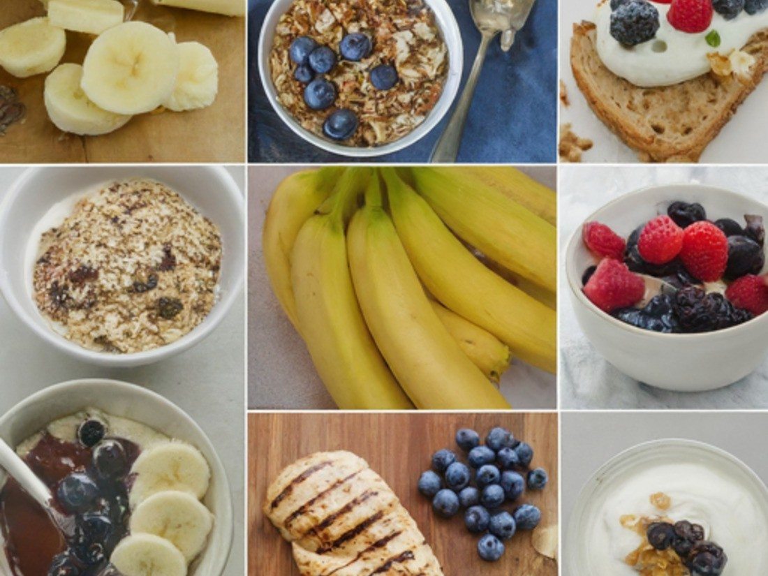 A collage image featuring some of the recommended pre-workout foods