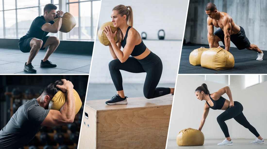 A collage of different sandbag exercises