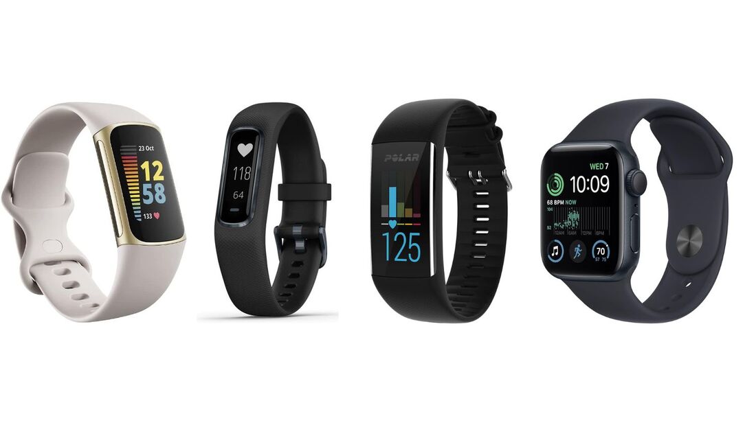 A collage showcasing different activity trackers Fitbit Charge 5, Garmin Vivosmart 4, Polar A370, and Apple Watch SE