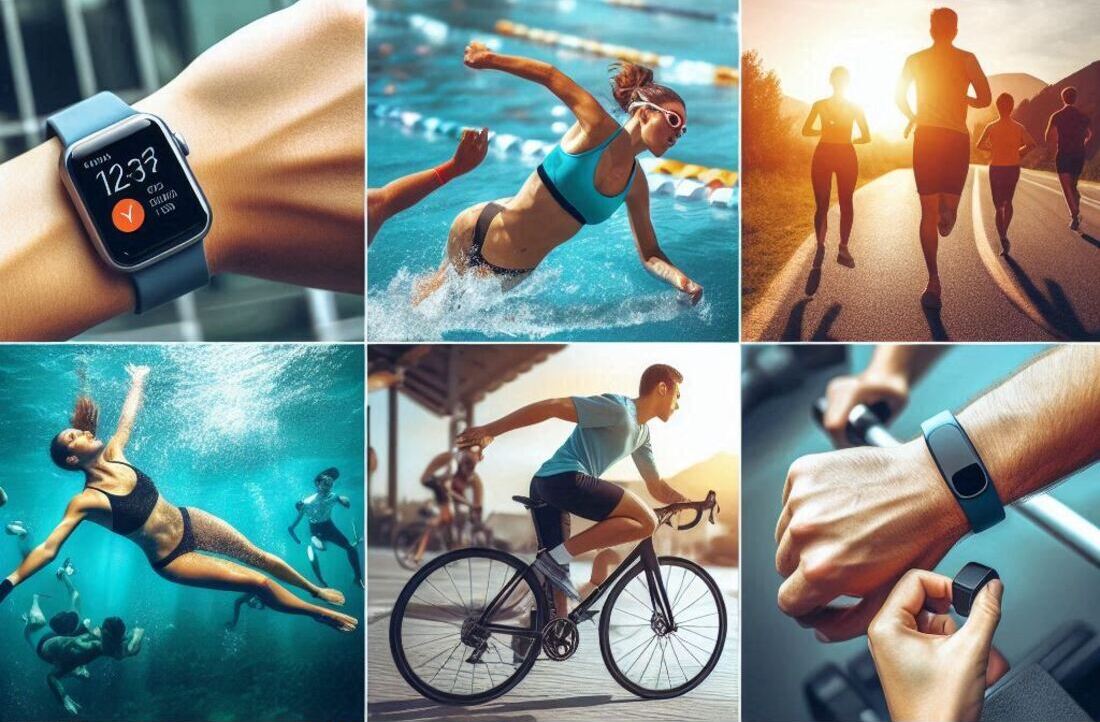 A collage showcasing different people using activity trackers in various activities running, swimming, cycling, weightlifting, and yoga