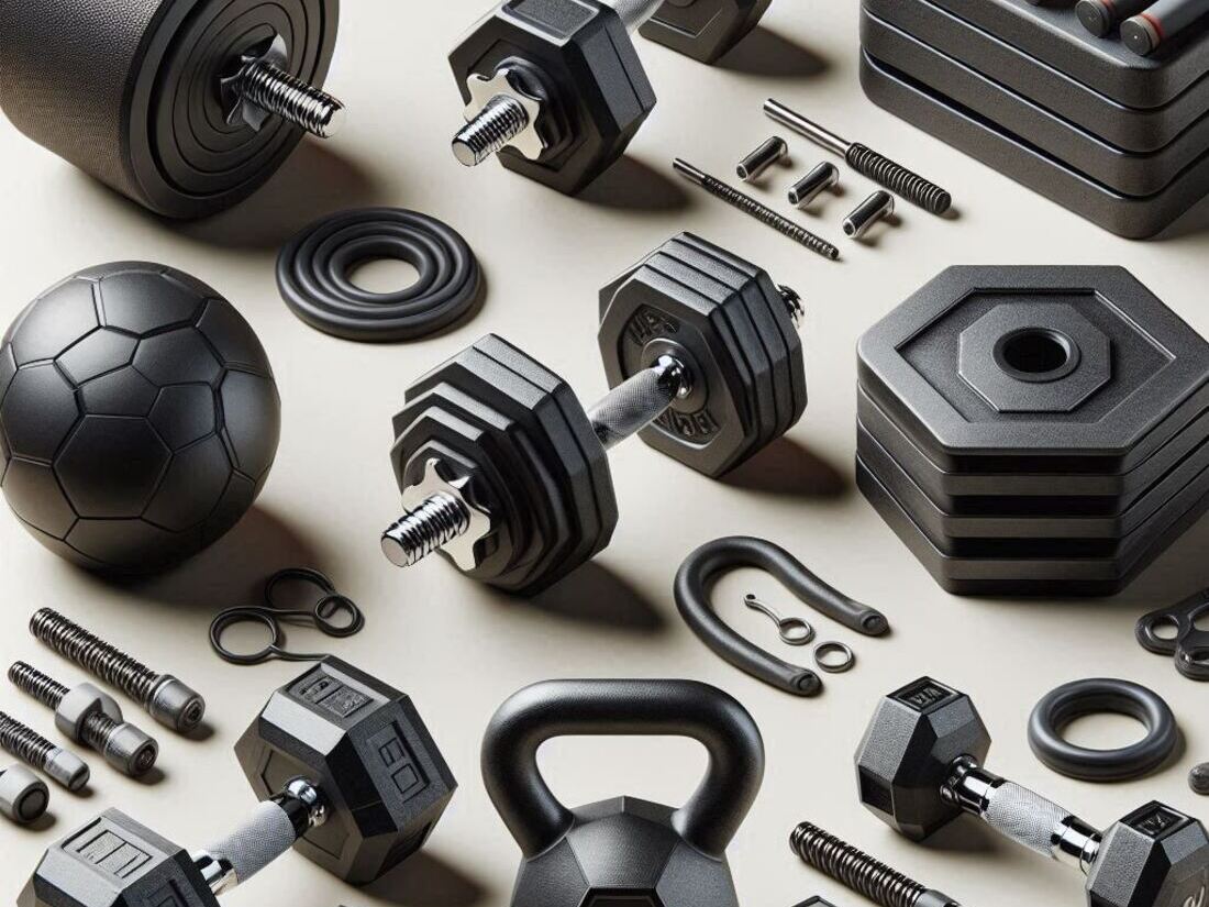 A collage showcasing different types of dumbbells