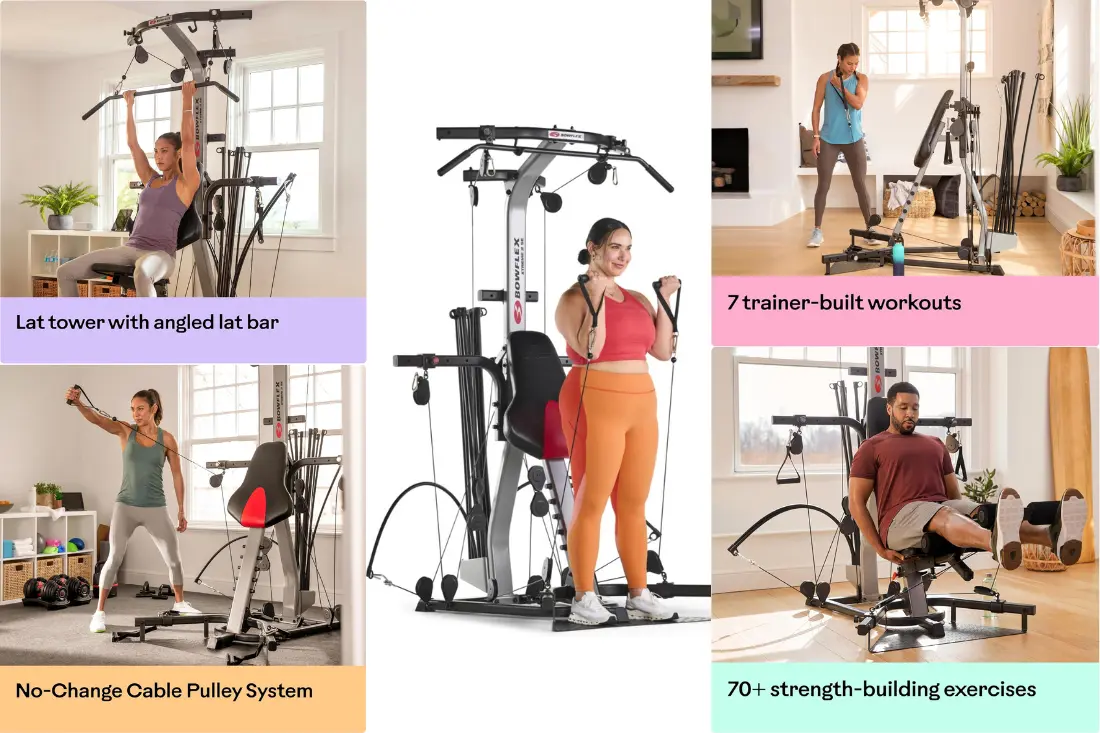 A collage showcasing the different leg exercises possible with the Bowflex Xtreme 2 SE