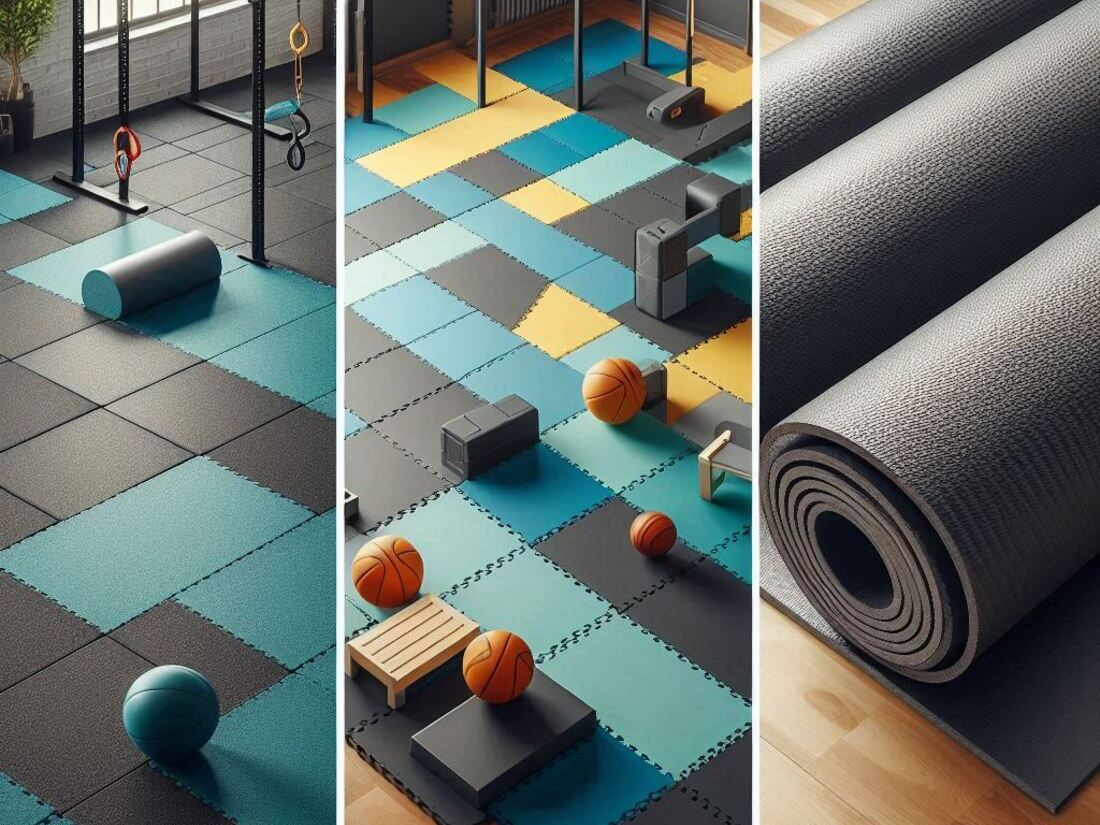 A collage showcasing three easy-to-install gym flooring options interlocking rubber tiles, EVA foam mats, and a PVC gym floor roll