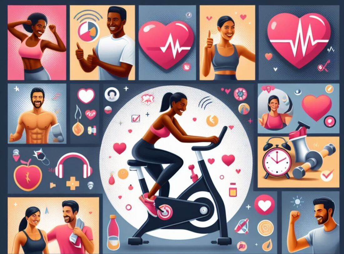 A collage showcasing various benefits of exercise bikes