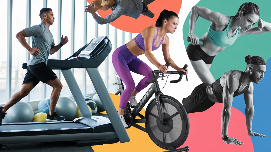 A colorful collage of people doing various cardio activities