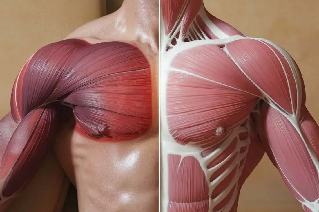 A comparison image of a muscle with and without percussion massage, showing the reduction in inflammation and increased blood flow