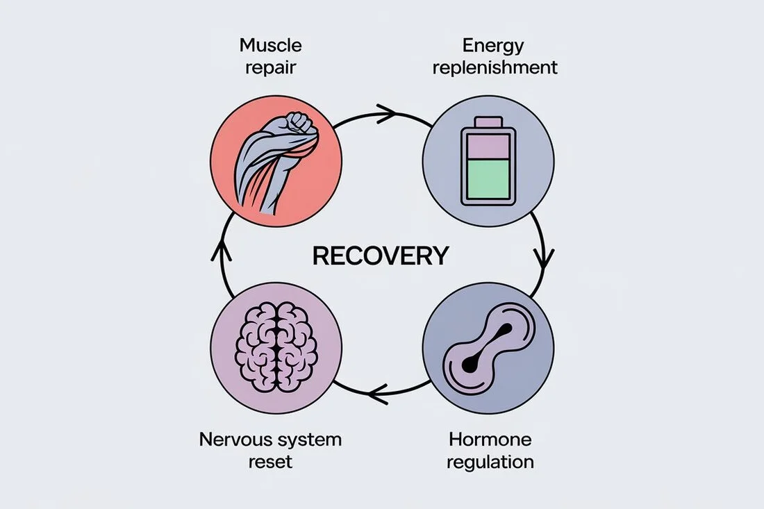 A diagram illustrating the physiological processes of recovery muscle repair, energy replenishment, hormone regulation, and nervous system reset