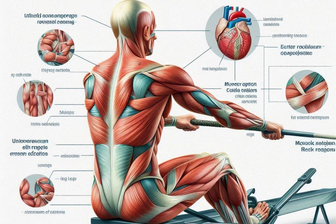 A diagram of the human body highlighting the major muscle groups engaged during rowing