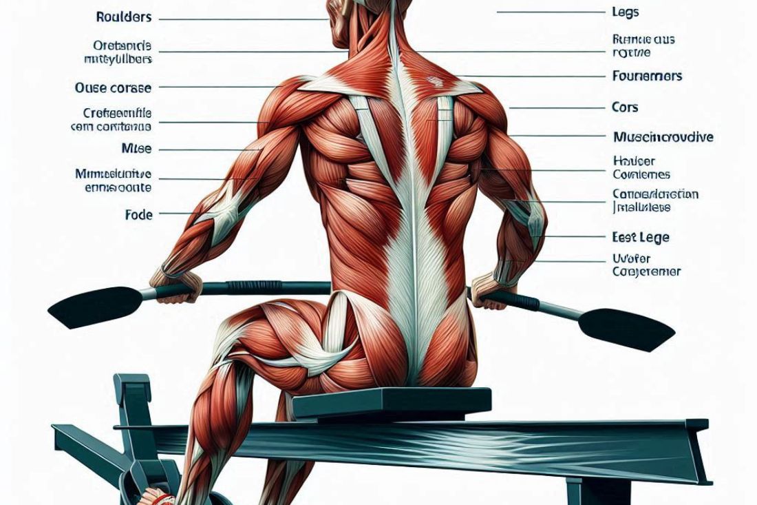 A diagram of the human body highlighting the major muscle groups engaged during rowing