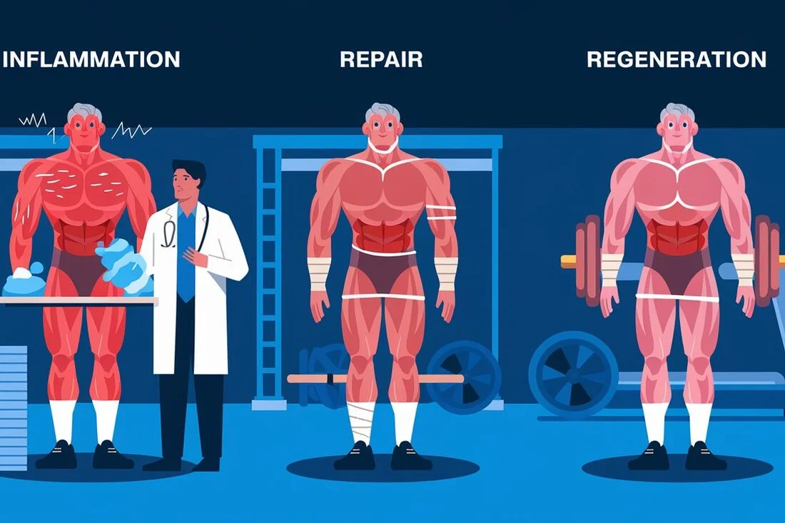 A diagram showing the stages of muscle recovery, inflammation, repair, and regeneration