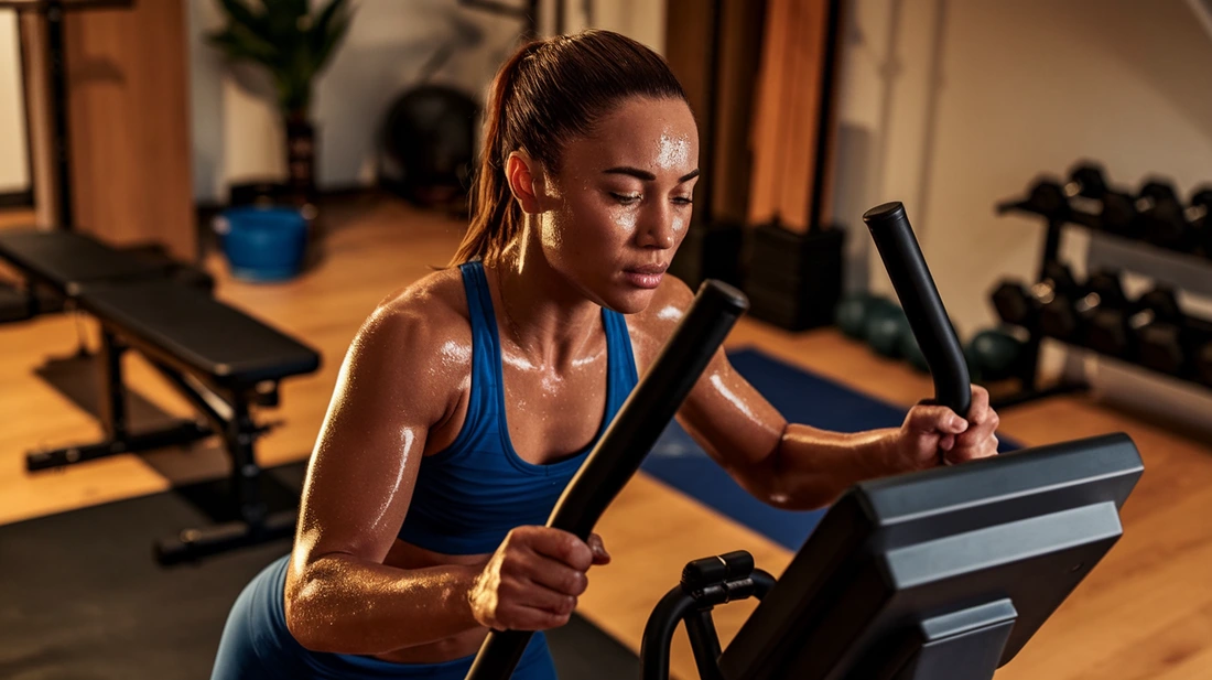 A fit individual using an elliptical machine with visible focus and commitment