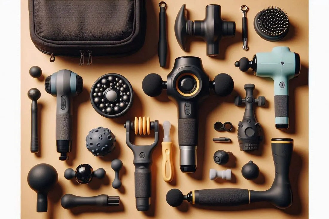 A flat lay of various portable percussion massage tools, including handheld massagers, massage guns, and mini massagers, arranged neatly on a table