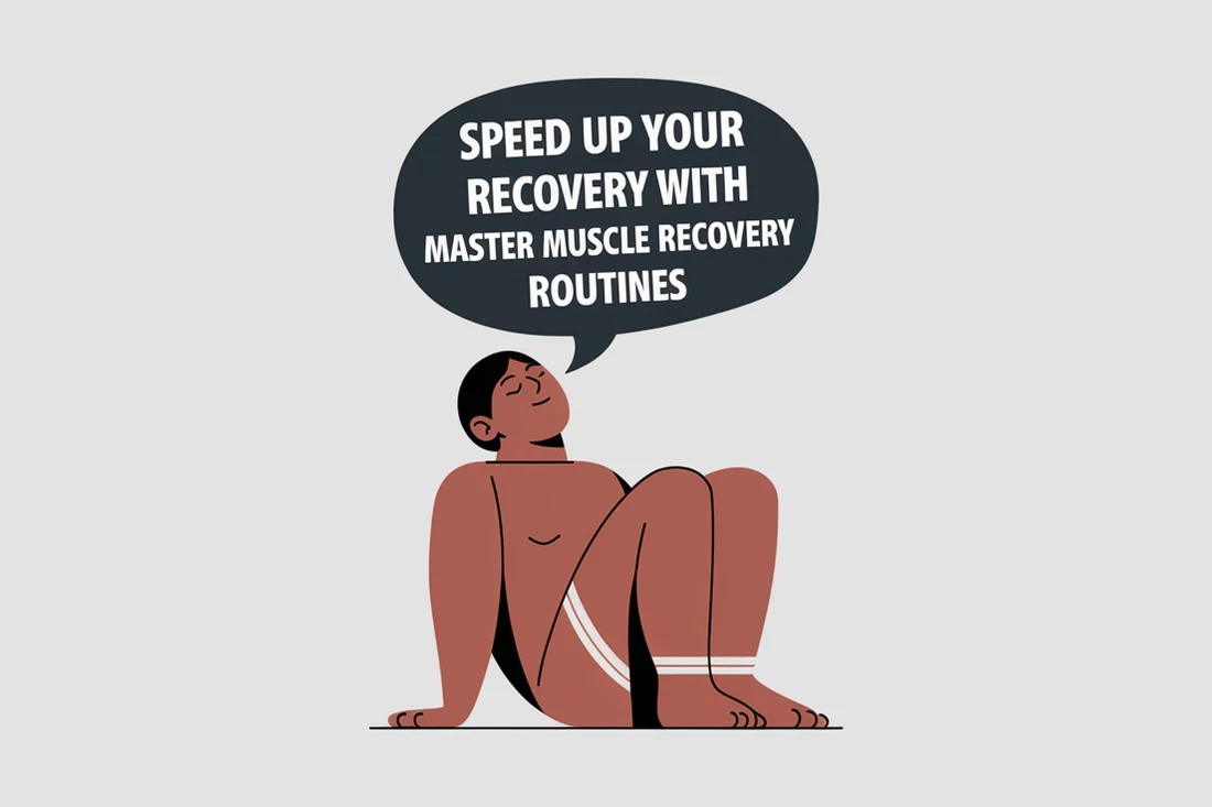 A graphic representing a person recovering from exercise with a caption Speed Up Your Recovery with Master Muscle Recovery Routines