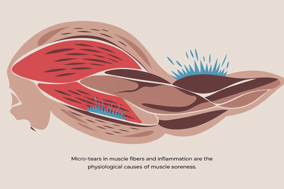 A graphic showing the physiological causes of muscle soreness, such as micro-tears in muscle fibers and inflammation