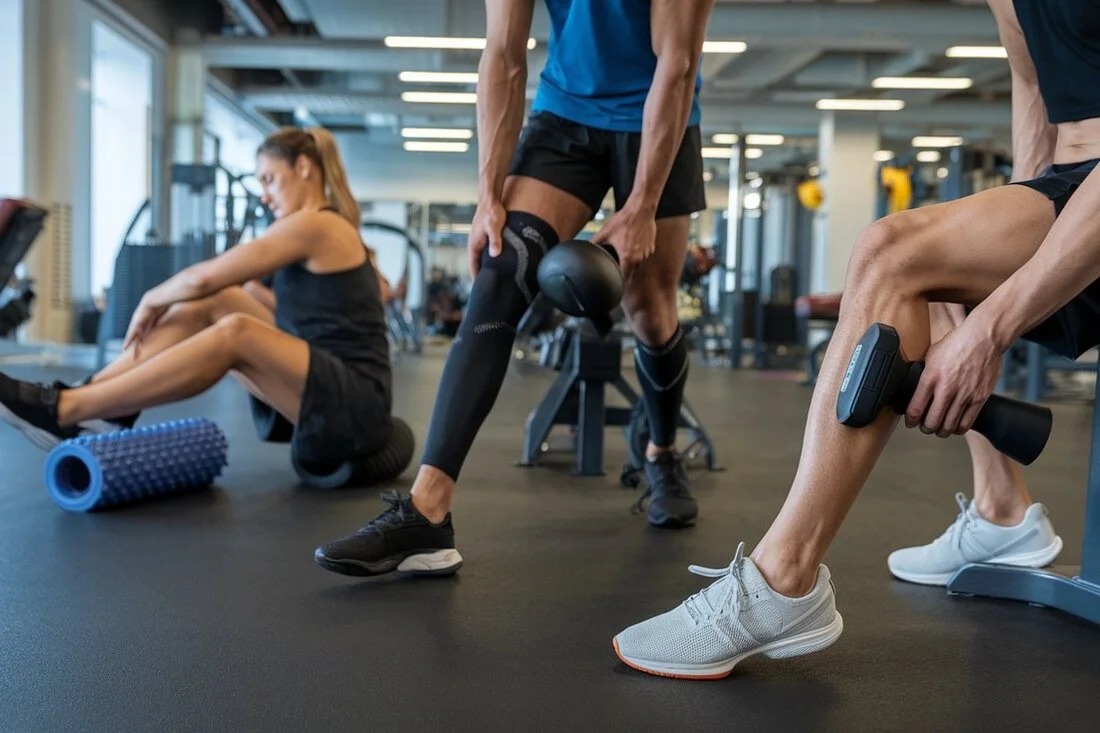 A group of fitness enthusiasts using various recovery equipment in a modern gym setting