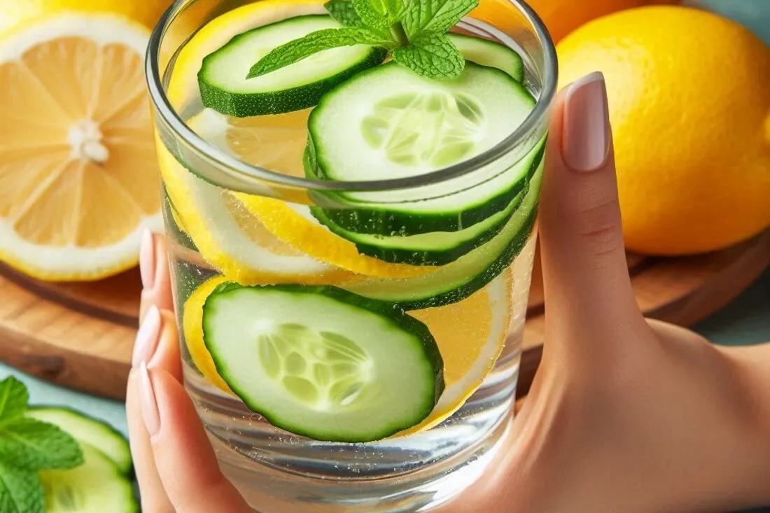 A hand holding a refreshing glass of water with sliced lemons, cucumber, and mint, demonstrating appealing ways to stay hydrated