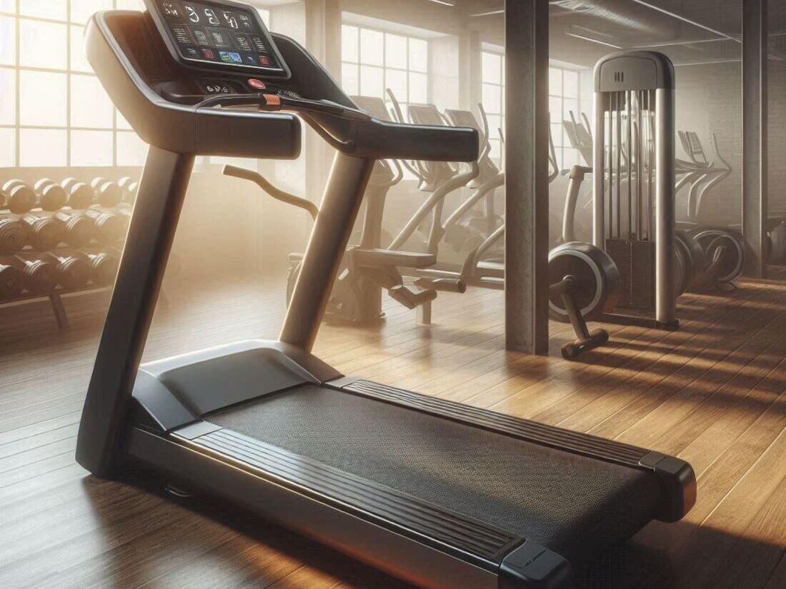 A heavy-duty treadmill with a wide belt and control panel in a gym setting