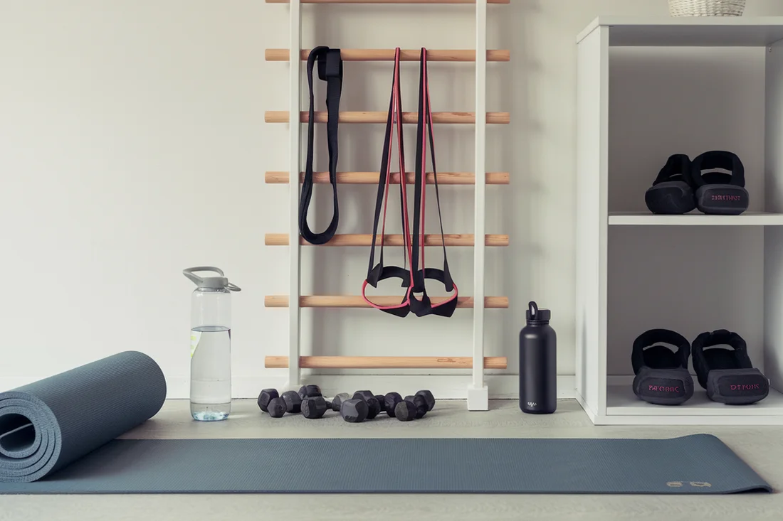 A minimalist home gym setup with a yoga mat, resistance bands hanging on a wall rack, ankle weights neatly placed on a shelf