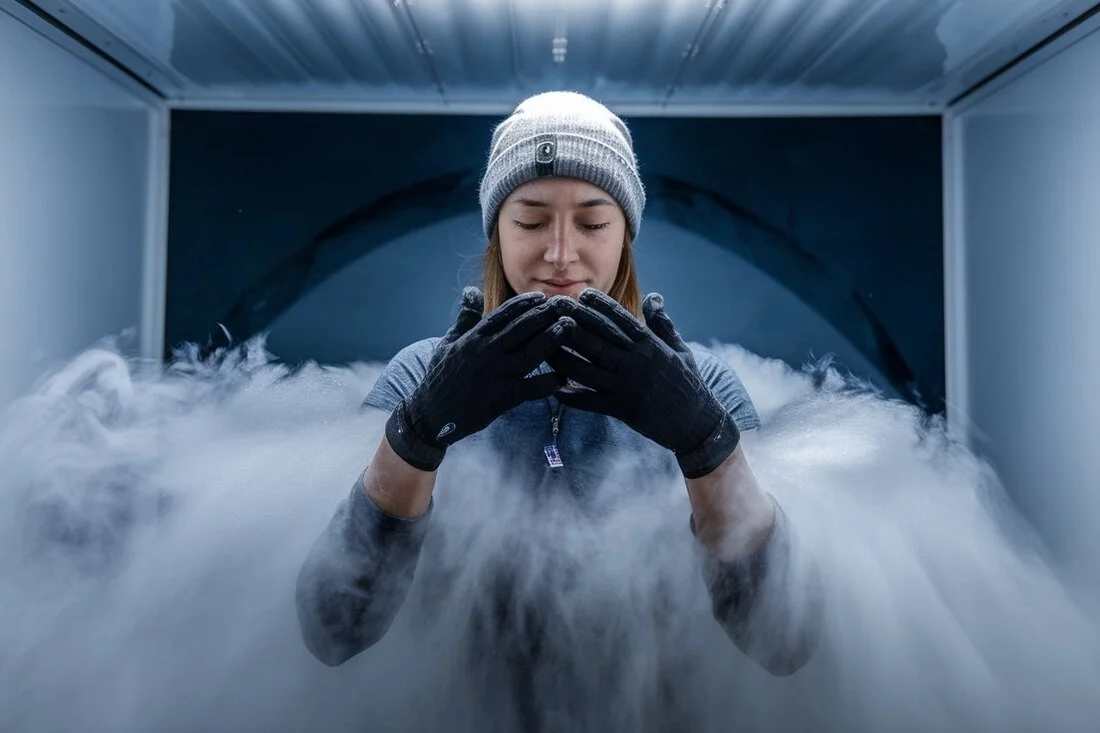 A mock up view of a person using a cryotherapy chamber, with visible cold mist around them