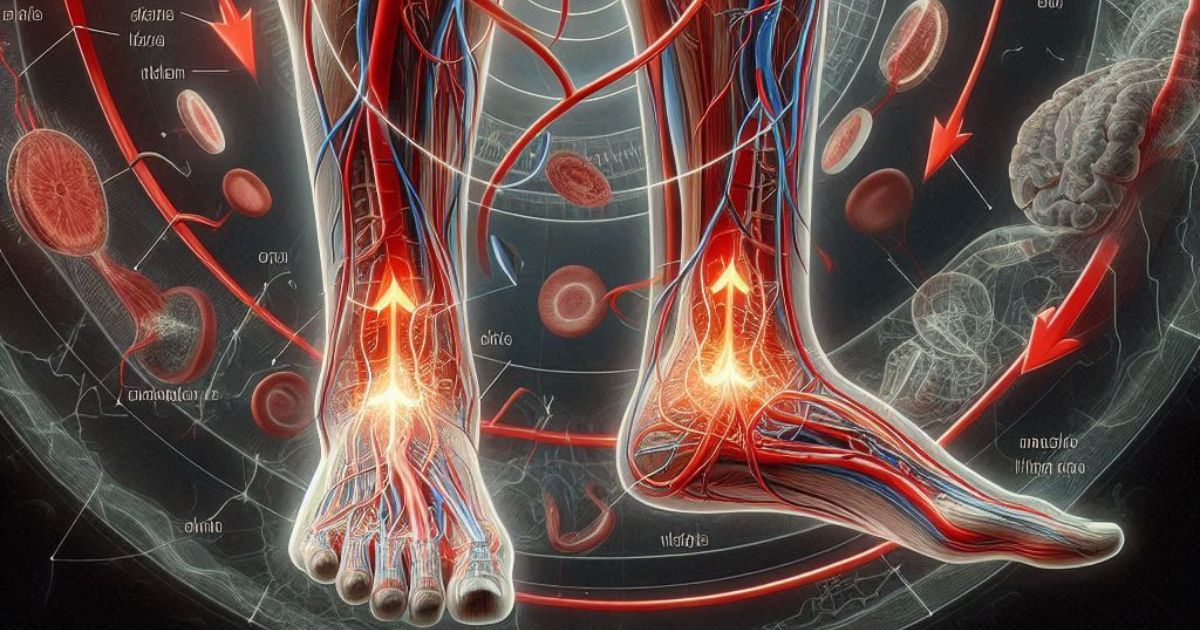 A mockup anatomical illustration of the human leg circulatory system with arrows highlighting improved blood flow