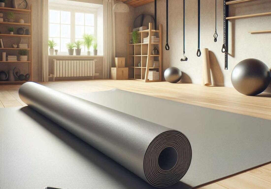 A partially unrolled PVC gym floor roll in a home gym space. It's smooth and lays flat