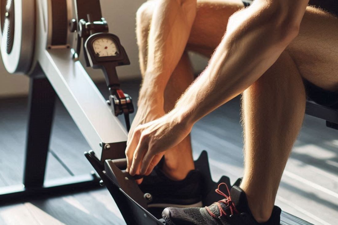 A person adjusting the rowing machine seat height