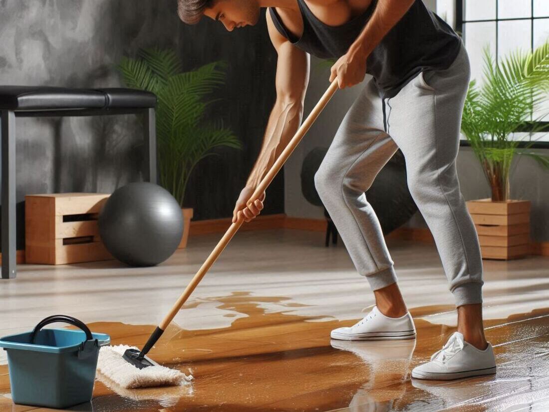 A person carefully mopping up spilled water on the floor in their home gym